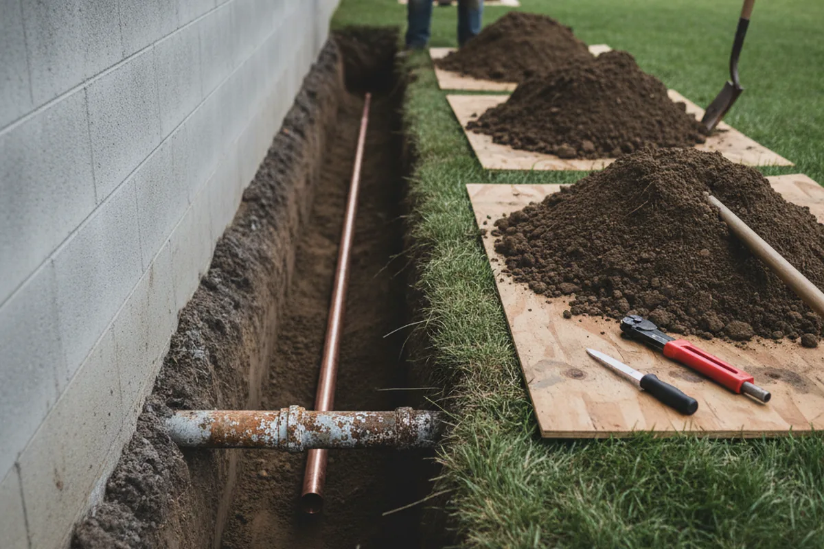 Excavated water line trench during Water Softener Installation in Waterloo